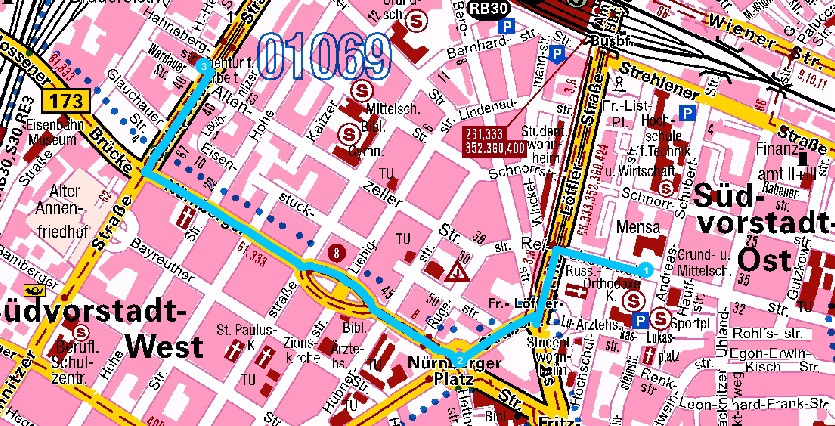 Beispiel Routenplanung im Innenstadt Bereich von Dresden; Datenquelle: MairDumont